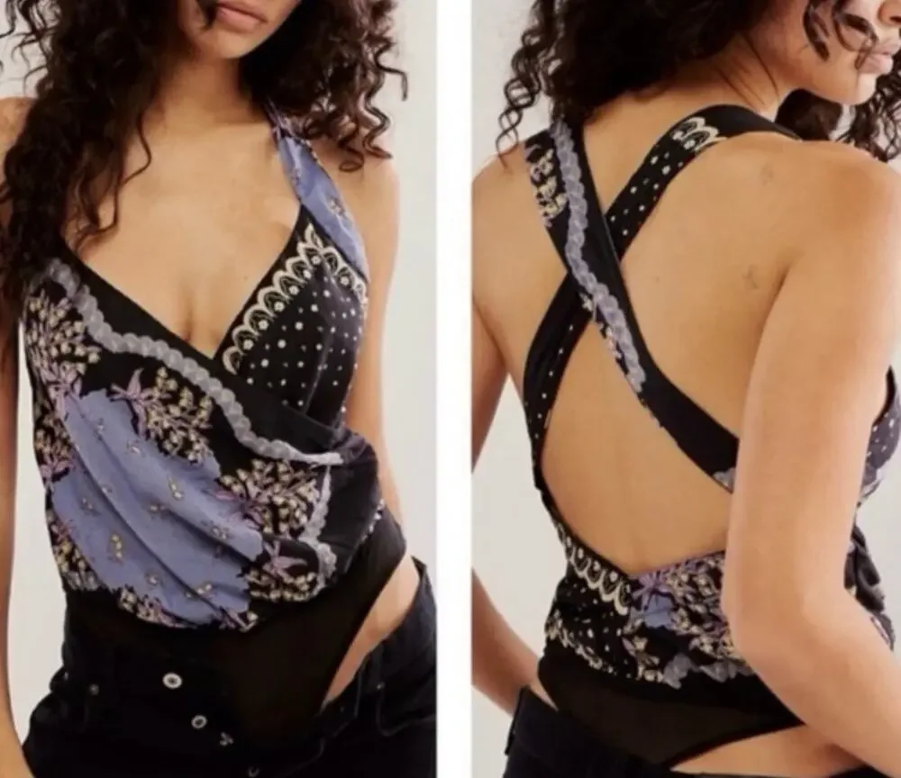 Free People Sweet Thing Bodysuit Intimately Floral Printed Sleeve Cross Back M - Picture 1 of 7